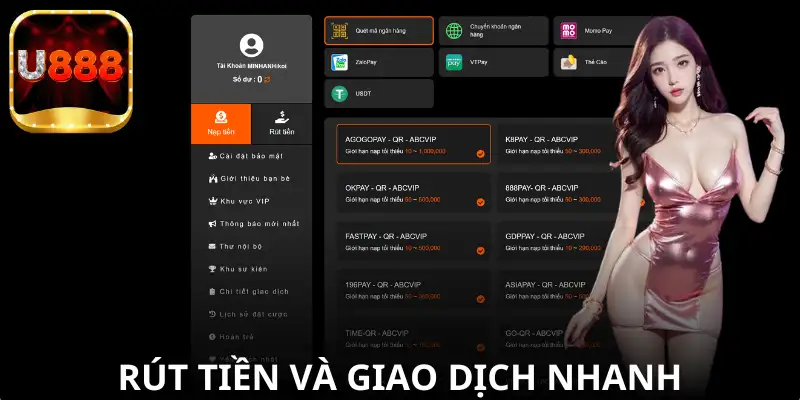 Cách rút tiền và tốc độ giao dịch tại U888.